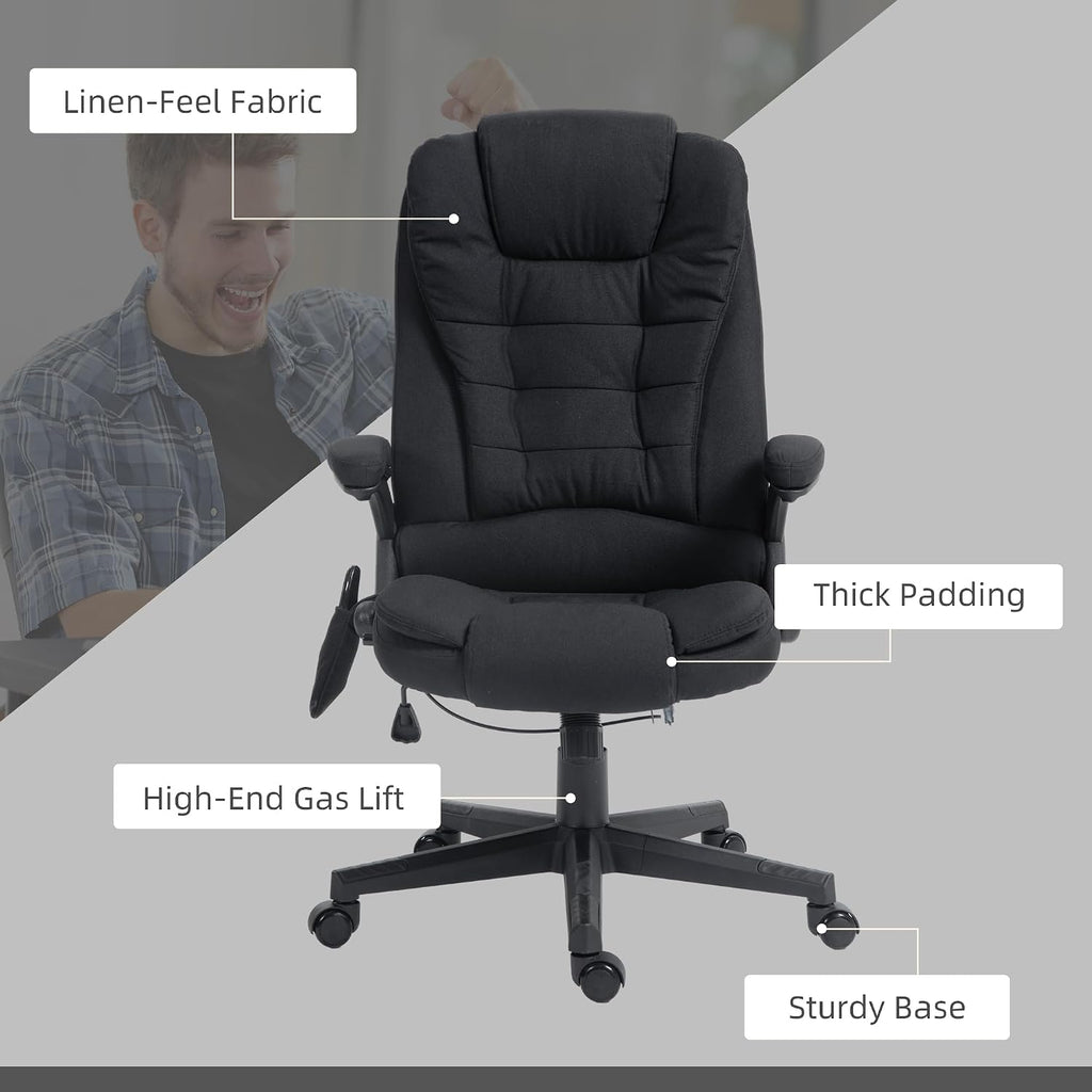 Vinsetto 6 Point Vibrating Massage Office Chair with Heat, Linen High Back Executive Office Chair with Reclining Backrest, Padded Armrests and Remote, Black