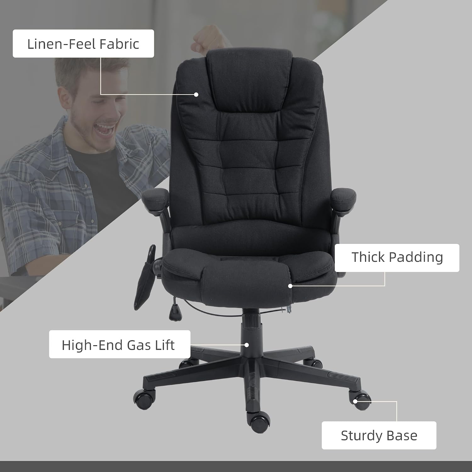 Vinsetto 6 Point Vibrating Massage Office Chair with Heat, Linen High Back Executive Office Chair with Reclining Backrest, Padded Armrests and Remote, Black