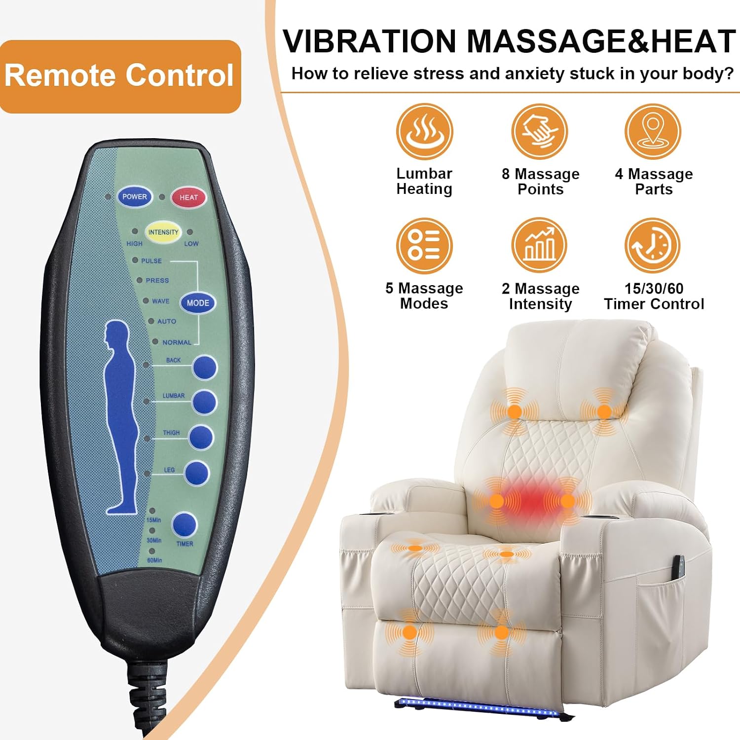 AHMED Power Recliner Chair with Vibration Massage & Heat for Adults, Faux Leather Home Theater Seating with Cup Holders/LED Lights/USB Ports/Side Pockets for Living Room, Beige