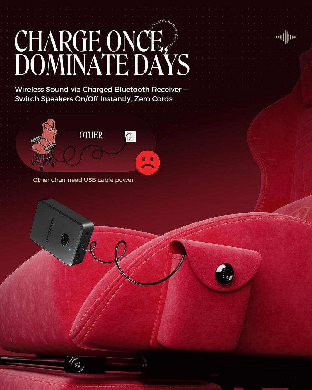 GTPLAYER Gaming Chair with Speakers, Video Game Chairs with Footrest, PC Gamer Chairs for Adults - Padded High Back Ergonomic Reclining Silla Gamer, Linkage Armrest, Ace Pro, Cherry Red（Velvet）