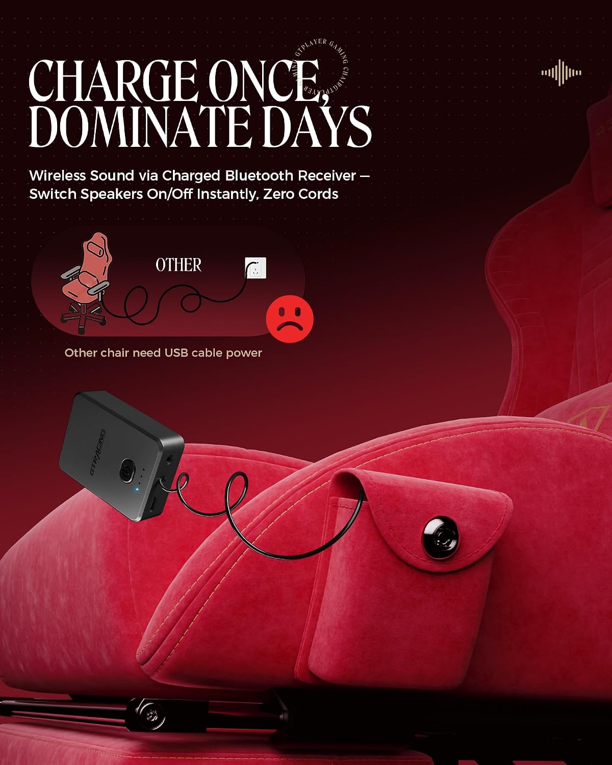 GTPLAYER Gaming Chair with Speakers, Video Game Chairs with Footrest, PC Gamer Chairs for Adults - Padded High Back Ergonomic Reclining Silla Gamer, Linkage Armrest, Ace Pro, Cherry Red（Velvet）