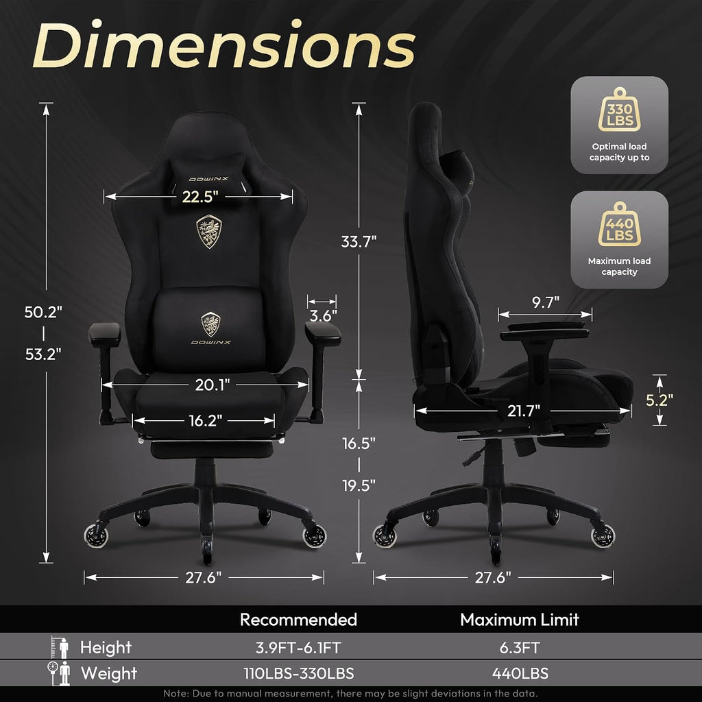 Dowinx Big and Tall Gaming Chair with Suede Fabric Breathable, Game Chairs for Adults with Oversized Thick Seat for 440lbs, Ergonomic Gamer Chair for Streaming & Long Gaming Sessions, Matte Black