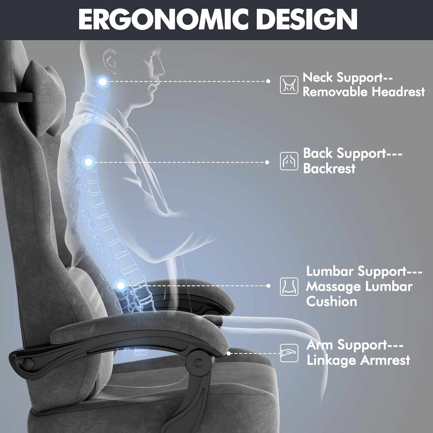 Soontrans Dark Grey Velvet Fabric Gaming Chairs with Footrest, Ergonomic Comfortable Video Gamer Chair, Reclining Office Computer Desk Game Chairs with Massage Lumbar Cushion,Headrest for Adult