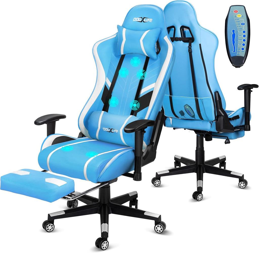 Douxlife 7-Point Massage Gaming Chair with Footrest, 400lbs Heavy Duty Ergonomic Computer Chair, 175° Reclining High Back Racing Seat for Adults with Adjustable Armrests & Lumbar Support, Bule White
