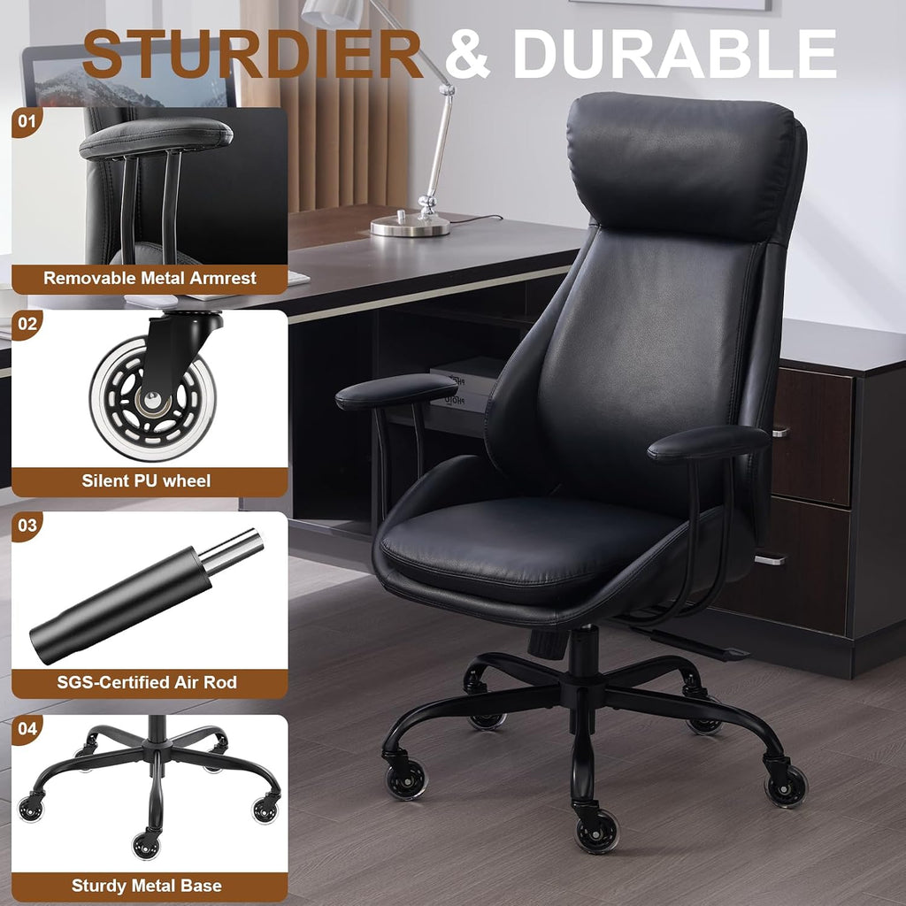 E-Motie Office Chair, Leather Desk Chair with Rubber Wheels, Ergonomic Computer Chair 500 LBS with Lumbar Support, High Back Executive Chair for Modern Home Office, Black