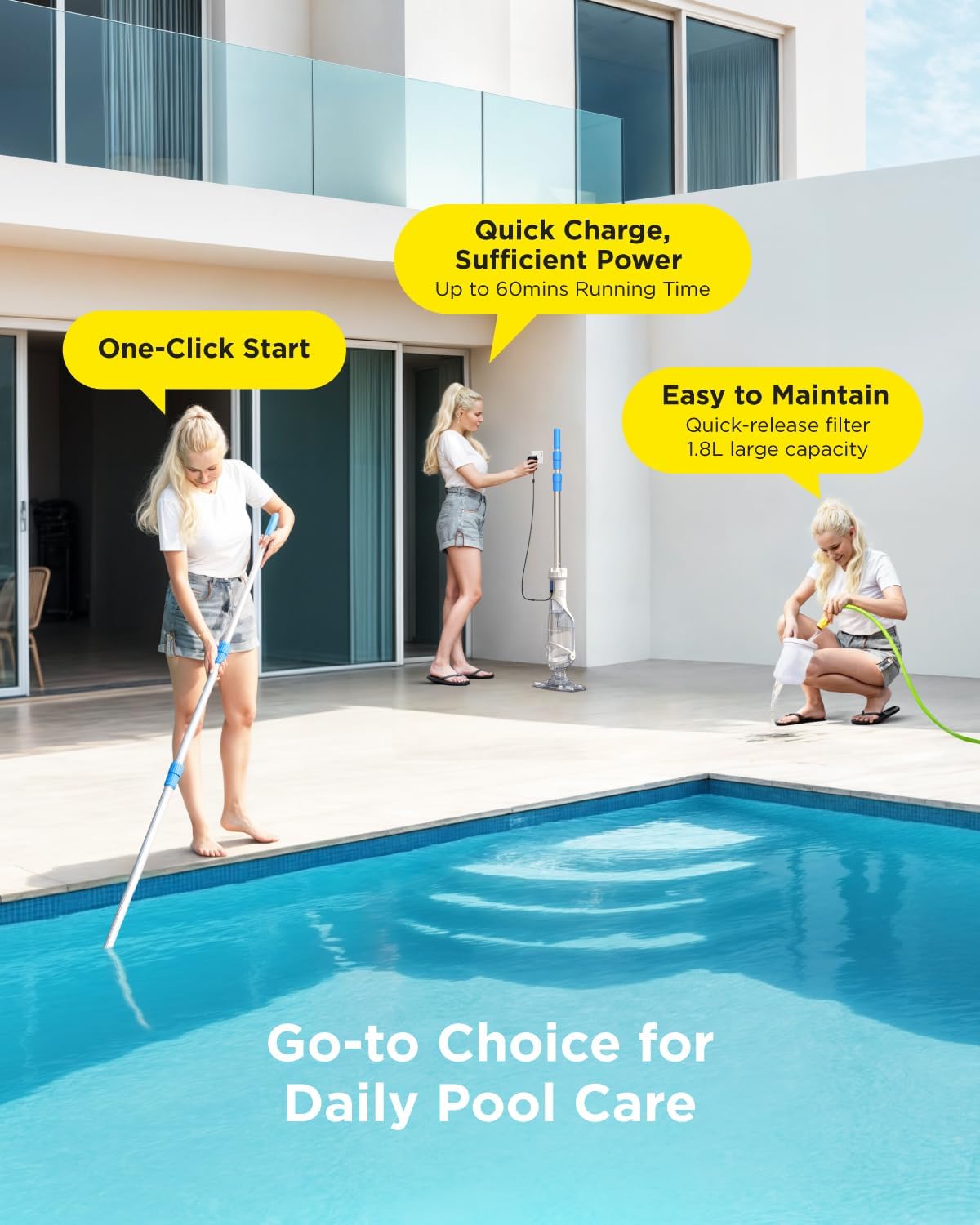 InoKraft Pool Vacuum for Above Ground Pool, Cordless Pool Vacuum for Inground Pools, Rechargeable Pool Cleaner with 18.5 GPM Suction, Above Ground Pool Vacuum with 59' Extendable Pole, Yellow