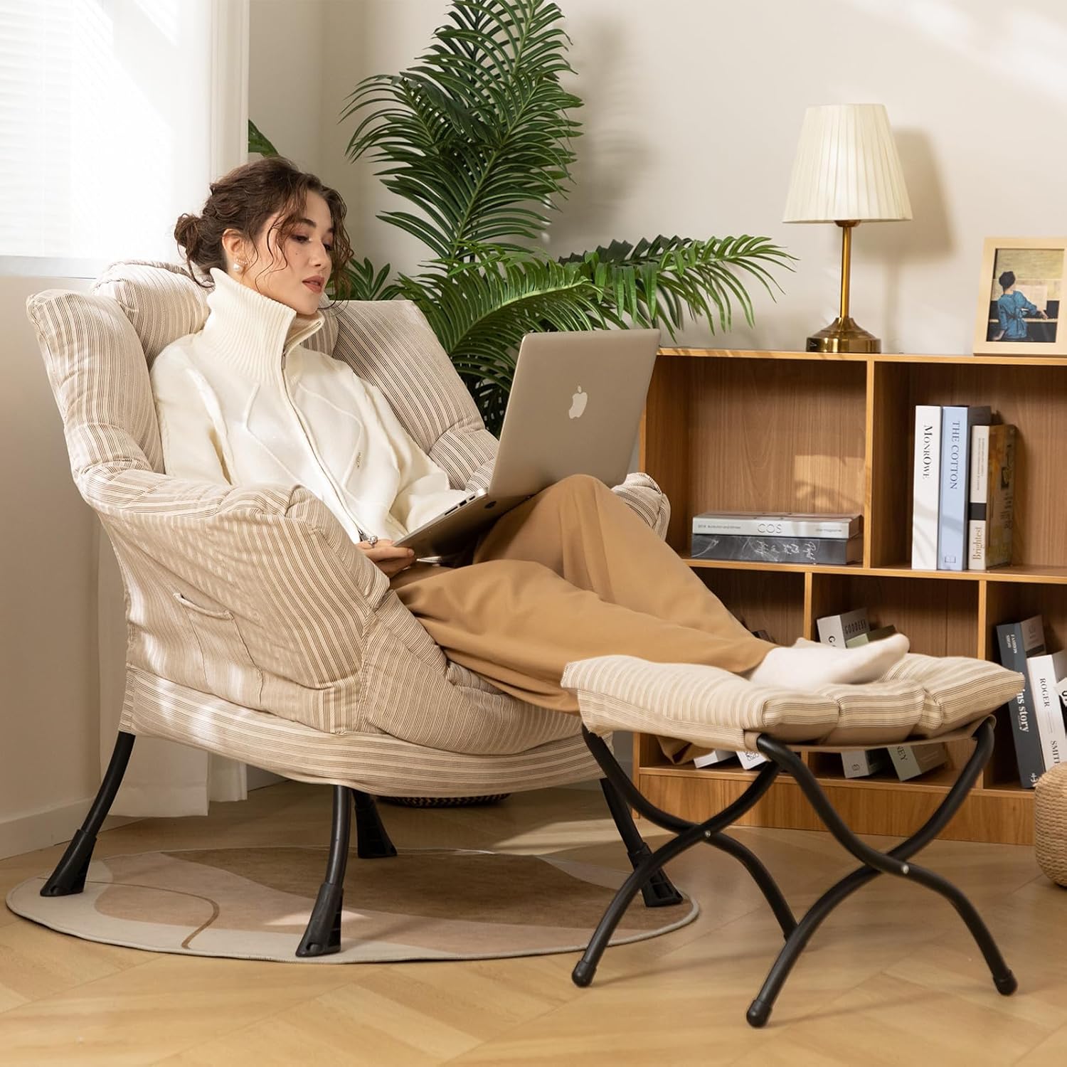 HollyHOME Lazy Chair with Foldable Ottoman, Accent Comfy Lounge Armchair and Folding Footrest Stool, Leisure Sofa Reading Chair and Footstool for Living Room, Bedroom, Dorm,Beige Stripe
