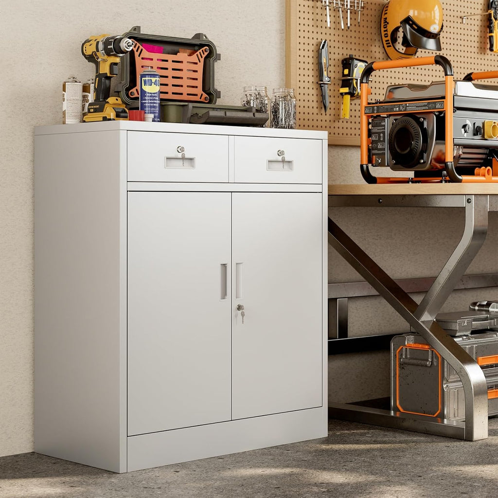 BESFUR Metal Garage Storage Cabinet with Two Lockable Drawers 2 Locking Doors and an Adjustable Shelf, 36' White Metal Short Storage Cabinet for Home Office, Garage,School,Utility Room