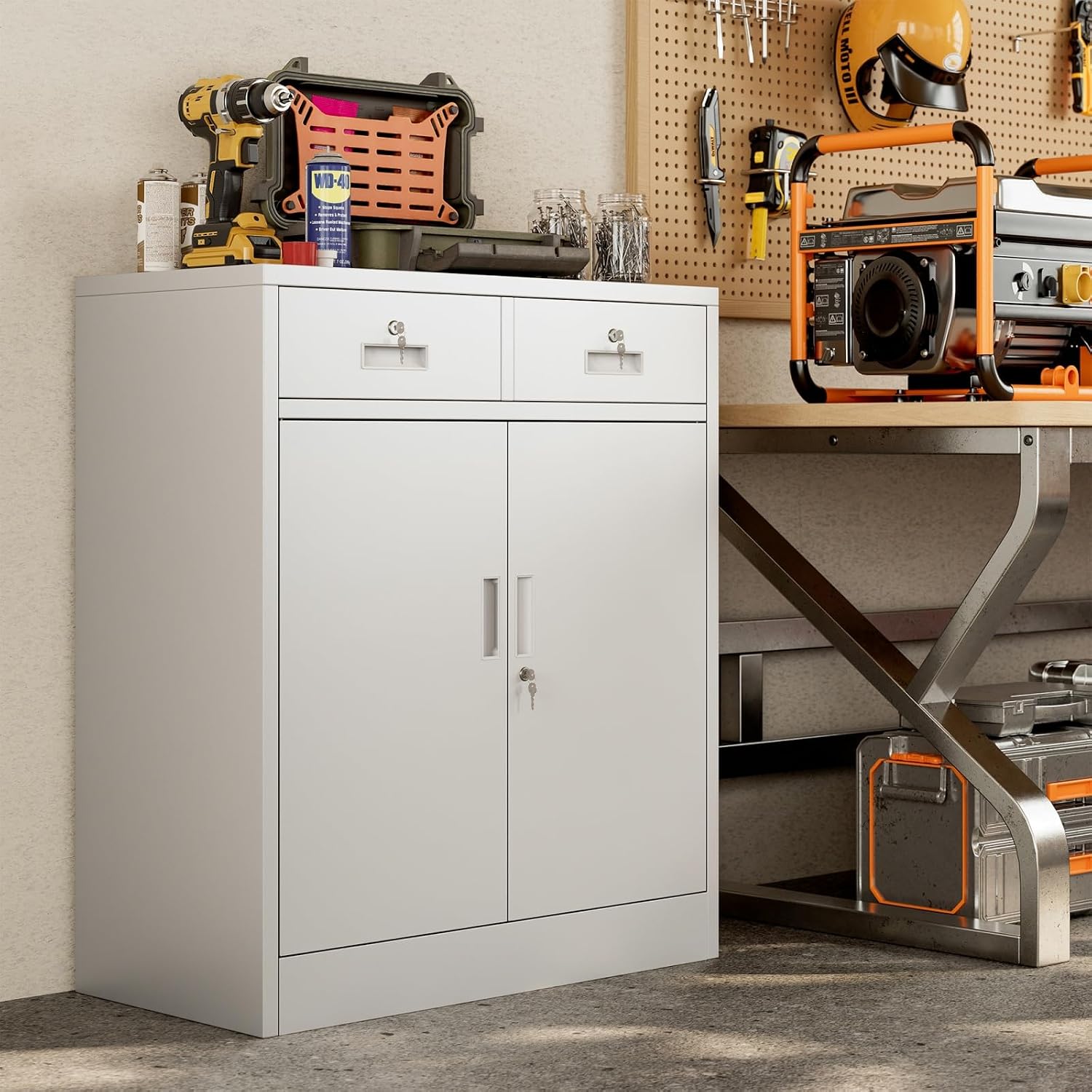 BESFUR Metal Garage Storage Cabinet with Two Lockable Drawers 2 Locking Doors and an Adjustable Shelf, 36' White Metal Short Storage Cabinet for Home Office, Garage,School,Utility Room