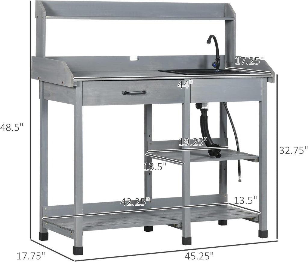 Outsunny Potting Bench Table, Outdoor Garden Table Wooden Work Station with Removable Sink, Faucet, Drawer, Shelves, Hooks, Gray