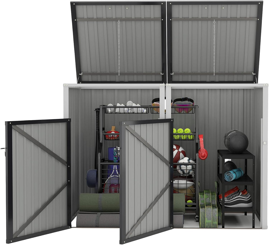 Montary 54 CU.FT Metal Outdoor Garbage Bin Storage Shed with Chain Lid, Waterproof Trash Can Organizer for 2 Bins, Garden Tools for Garden Yard Lawn, Dark Grey