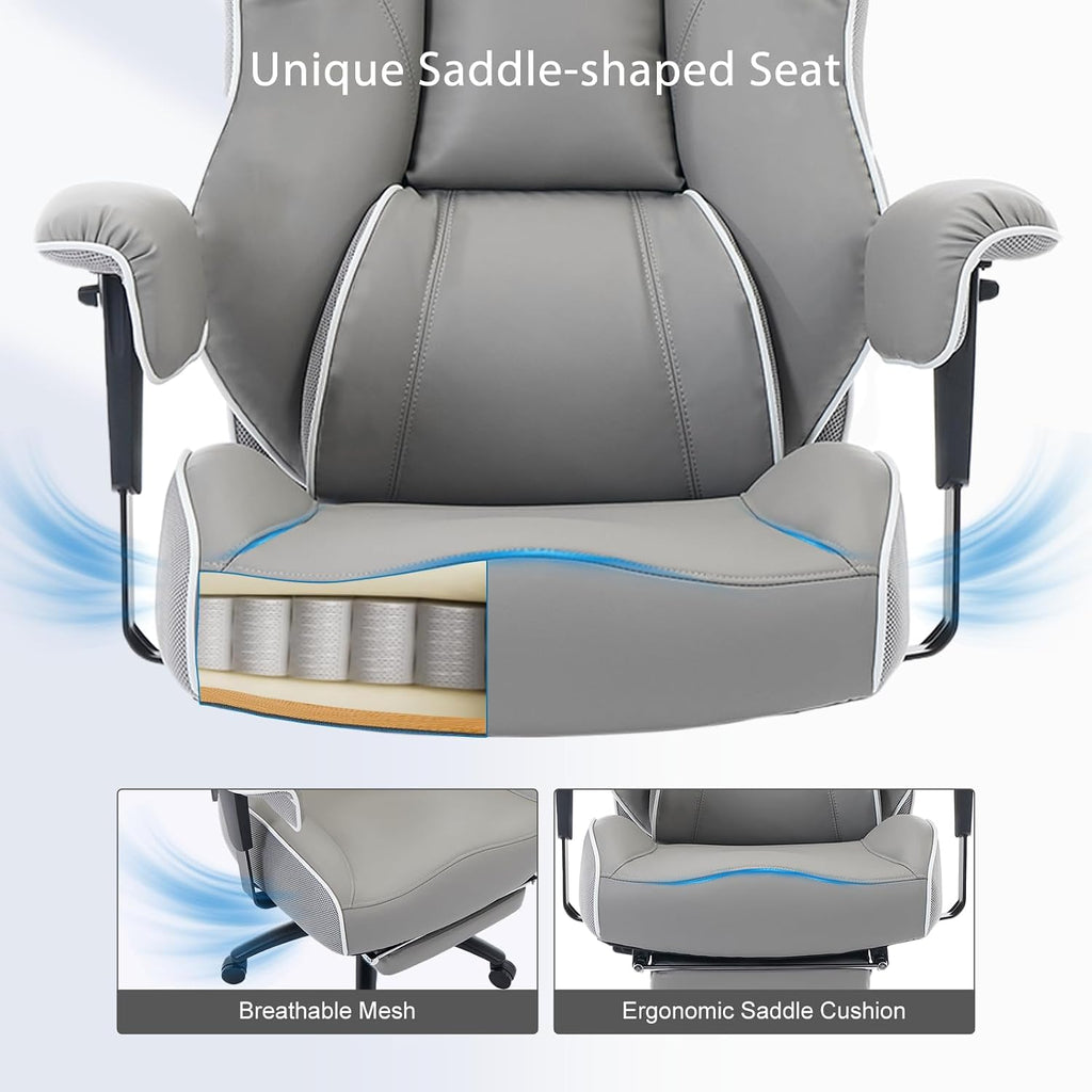 DJ·Wang Big and Tall Office Chair with Foot Rest, High Back Executive Office Chair PU Leather, Ergonomic Chairs with Lumbar Support, 135° Reclining Chairs with Thickened Spring Cushion Gray