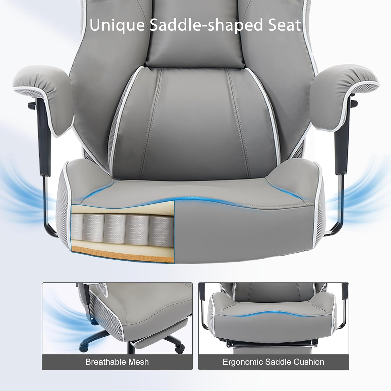 DJ·Wang Big and Tall Office Chair with Foot Rest, High Back Executive Office Chair PU Leather, Ergonomic Chairs with Lumbar Support, 135° Reclining Chairs with Thickened Spring Cushion Gray