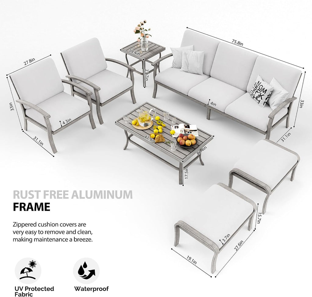 HAPPATIO 7 Piece Aluminum Patio Furniture Set, 3-Seat Outdoor Ottomans and Armchairs, Outdoor Sectional Sofa with Side Table and Coffee Table, Garden Conversation Set for Lawn Deck (Gray)