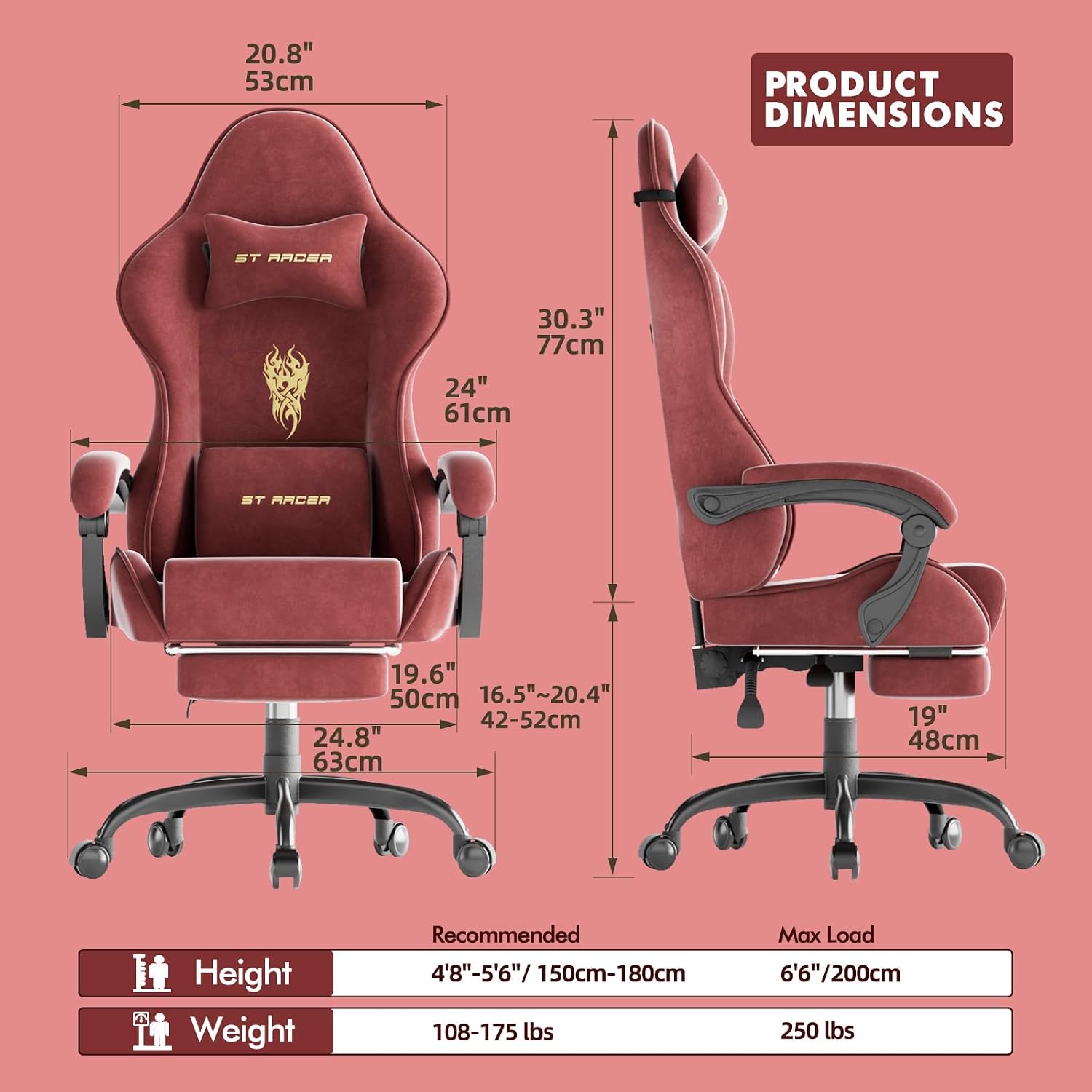 Soontrans Velvet Fabric Gaming Chair for Adult, Ergonomic Comfortable Video Gamer Chair with Footrest, Reclining Office Computer Desk Game Chairs with Massage Lumbar Cushion,Headrest