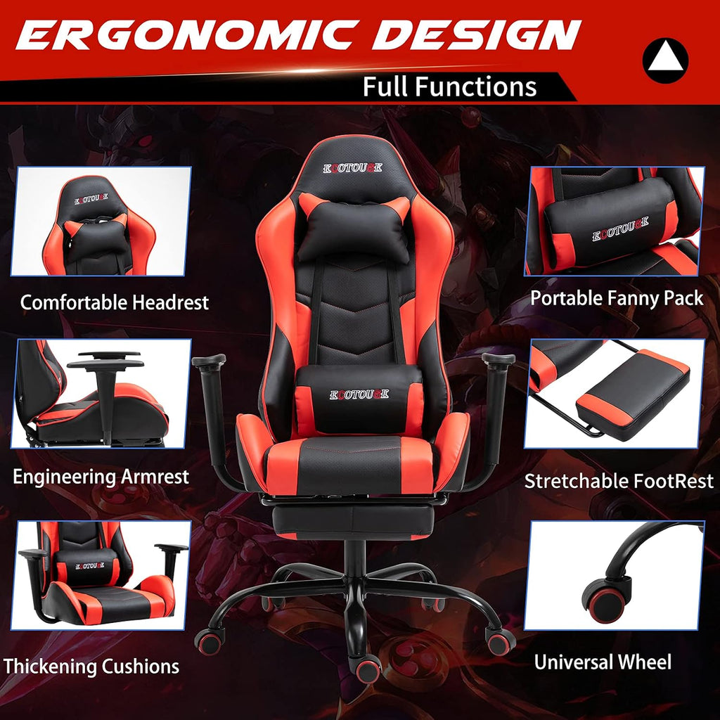 ECOTOUGE PC Massage Gaming Chair with Footrest Ergonomic Office Desk Chair Adjustable Massage Lumbar Cushion and Headrest, Red