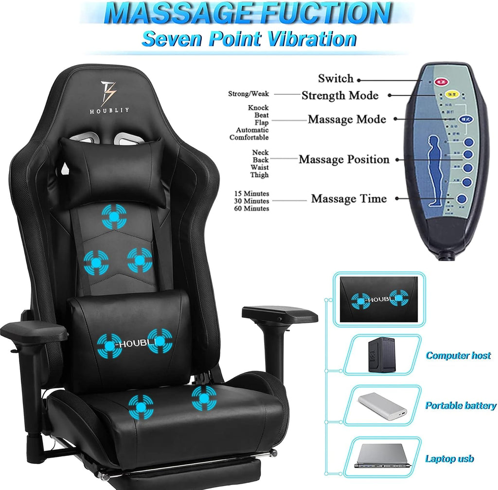High Back Big and Tall Office Desk Chairs with 7-Point Massage, Ergonomic Gaming Chair with Speakers and RGB Lights, PU Leather Computer Chair Recliner Chair Music Video Game Chair,Black