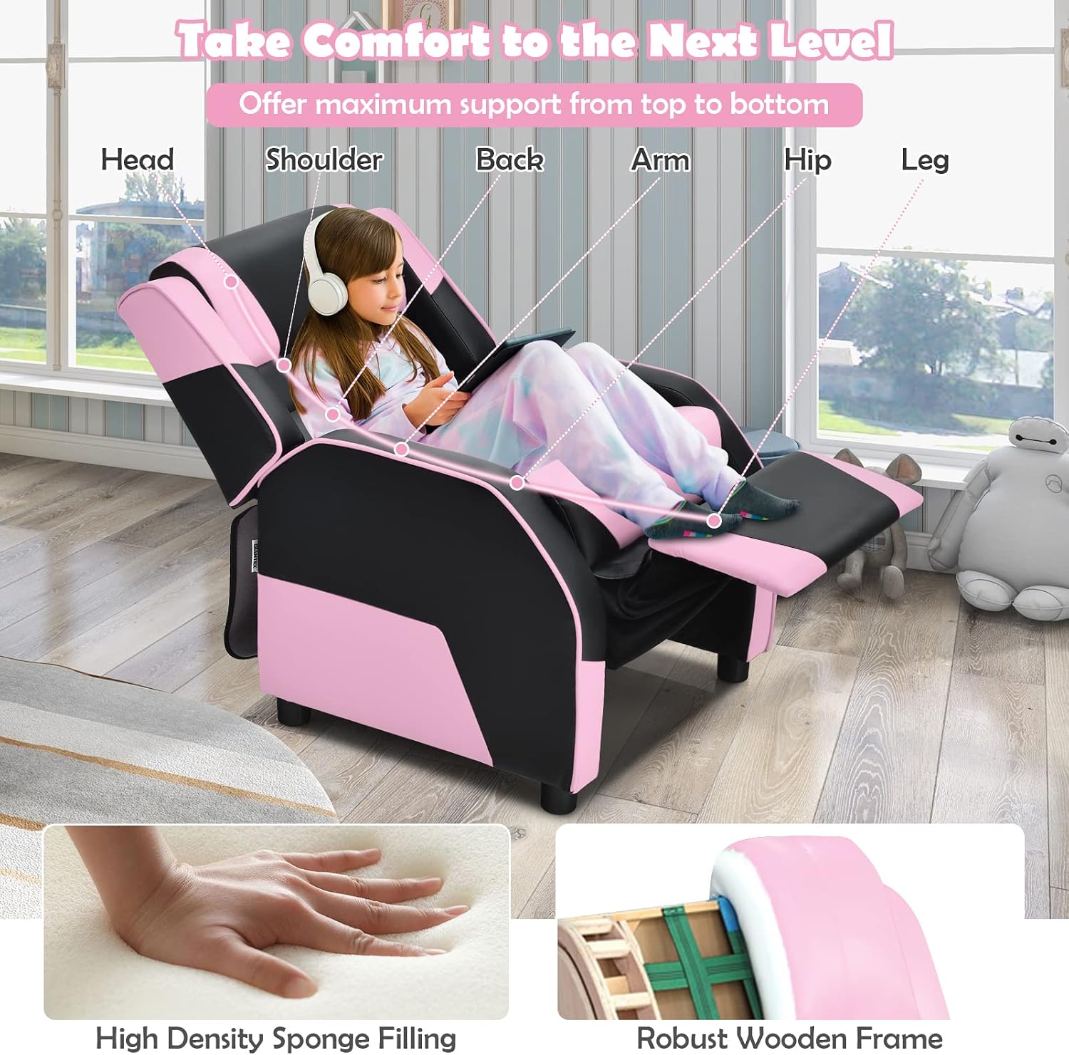 COSTWAY Kids Recliner Sofa, Toddler Leather Recliner with Adjustable Footrest & Headrest, Gaming Reclining Chair for Boys Girls Aged 3 Years Up, Kid-Sized Lounge Chair for Living Room (Pink)