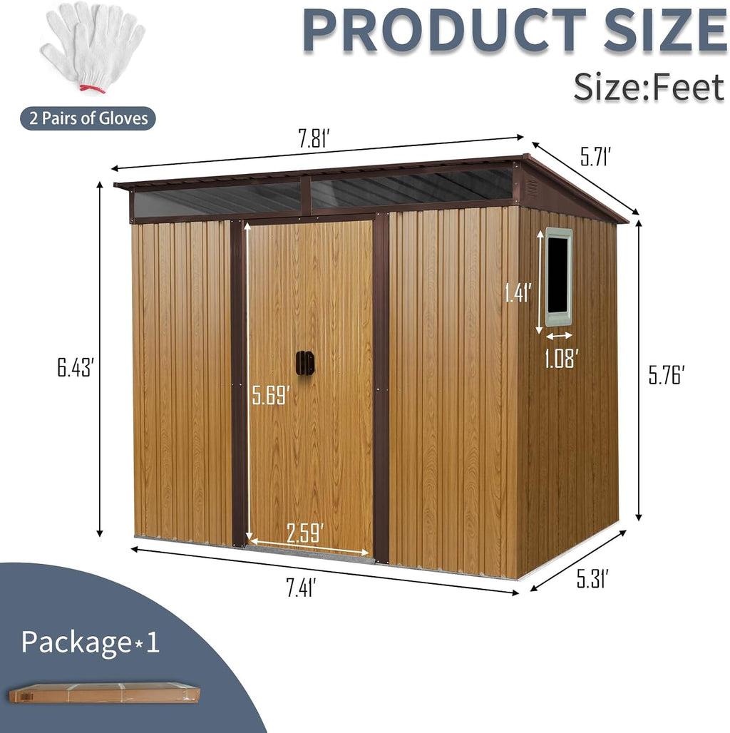 JT 8X6FT Outdoor Storage Shed, Galvanized Metal Garden Shed with Window and Metal Foundation, Tool Storage Shed for Patio Lawn Backyard (Coffee-with The window-8ftx6ft)