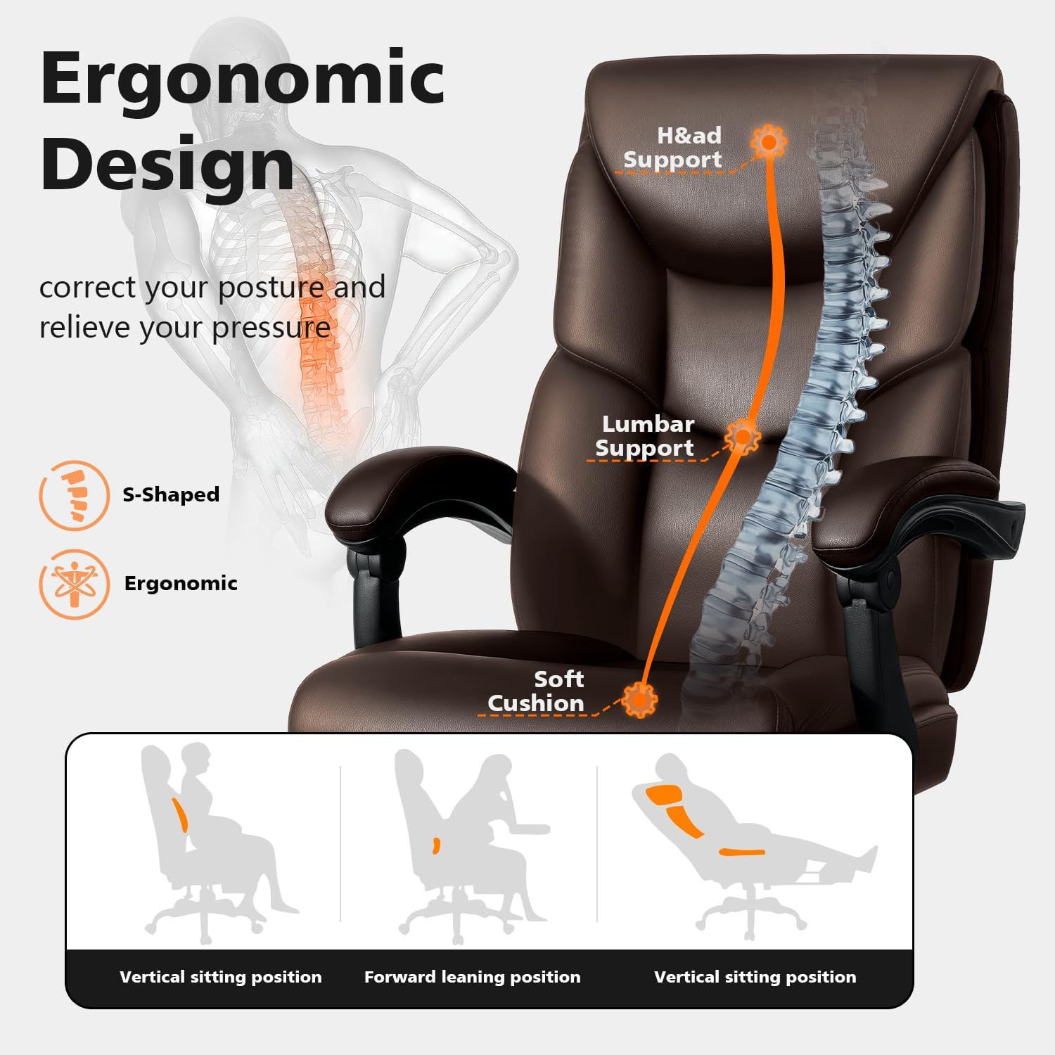 WAILOR 400lbs Office Chair with Foot Rest, Reclining Big and Tall Office Chair with Lumbar Support, High Back PU Leather Computer Chair,Comfy Desk Chair for Home Office (Casual) (Brown)