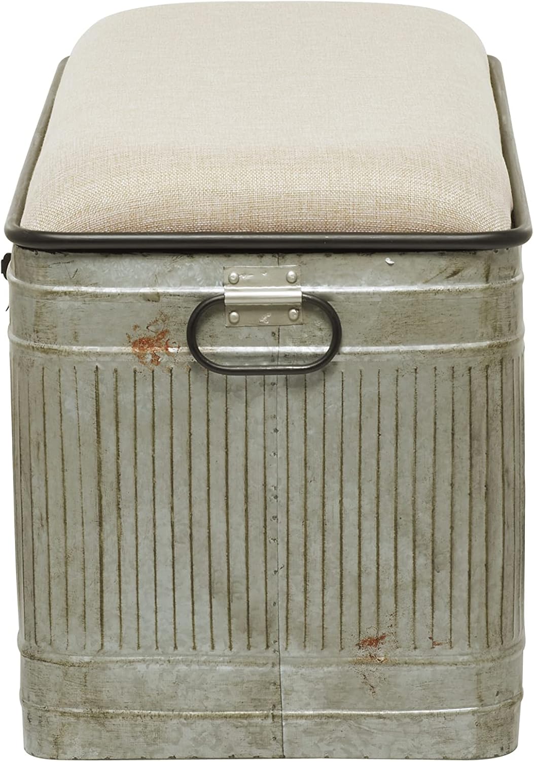 Deco 79 Metal Room Storage Bench Galvanized Entryway Bench with Cream Burlap Top and Black Latches, Bench 38' x 16' x 19', Gray