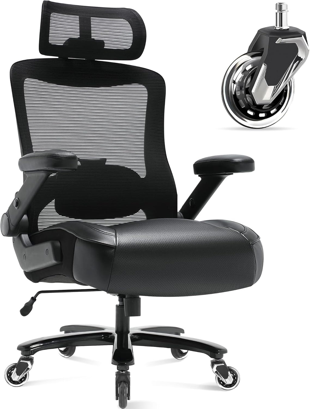 Big and Tall Office Chair 600lbs with 3D Flip Arms Adjustable Headrest - Heavy Duty Large Wheels Executive Computer Desk Chair, Ergonomic Lumbar Support Mesh High Back Plus Size Chair for Adults