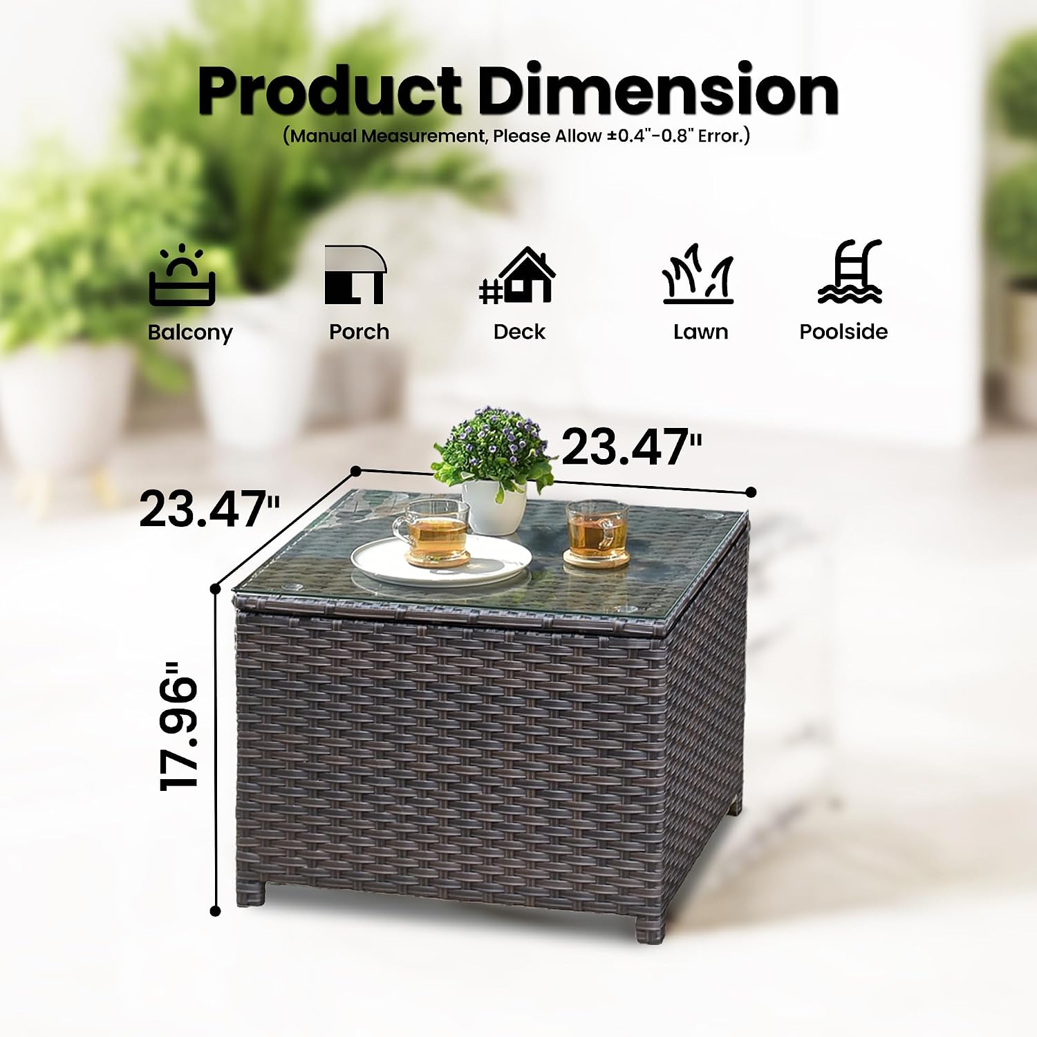 ovios Outdoor Side Table with Tempered Glass Top, Patio Wicker Rattan Coffee End Tables for All-Weather Porch Deck Balcony Garden Poolside (Brown-Medium Size)