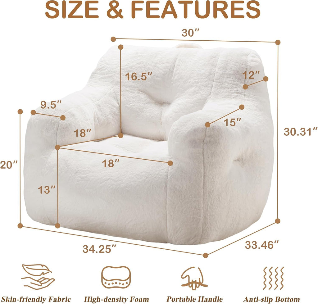 Hobestluk Bean Bag Chair for Adult Small Bean Bag Chairs with Arms Furry Beanbag Chair with Foam Filler Stuffed Bean Bag Sofa for Reading in Bedroom Living Room and Dorms(White)