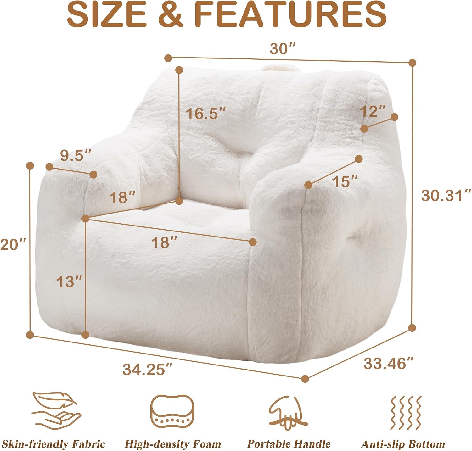 Hobestluk Bean Bag Chair for Adult Small Bean Bag Chairs with Arms Furry Beanbag Chair with Foam Filler Stuffed Bean Bag Sofa for Reading in Bedroom Living Room and Dorms(White)