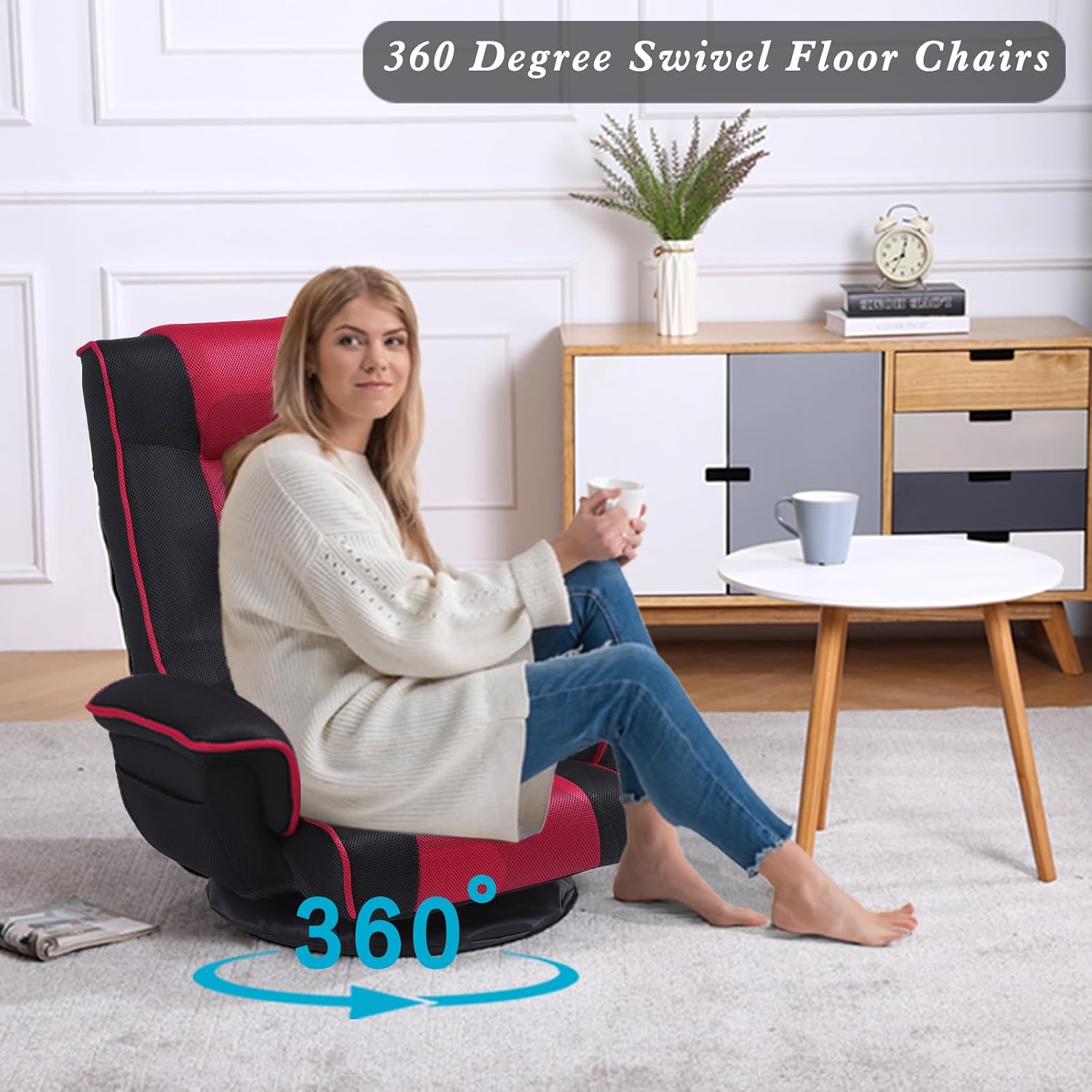 360 Degree Swivel Floor Chairs for Adults, Gaming Floor Chair with Back Support, 14 Angles Adjustable Comfortable Floor Lounge Chair Folding Video Game Chairs Office Bedroom 201(Black+Red)