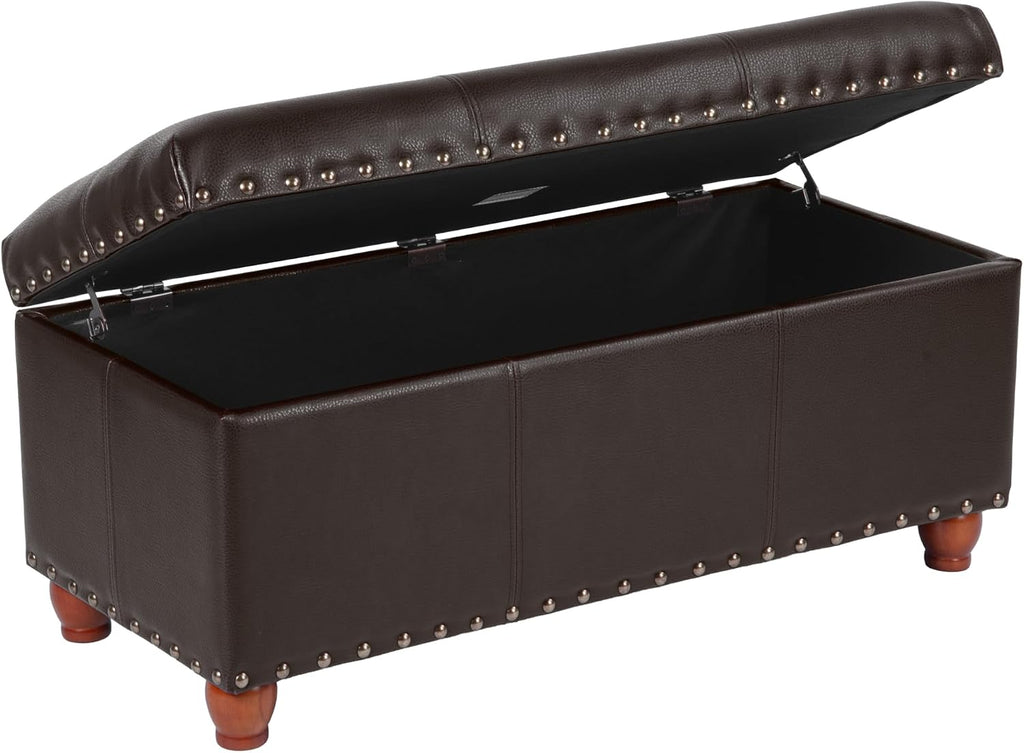 HomePop Espresso Faux Leather Storage Cocktail Bench with Nailhead Trim