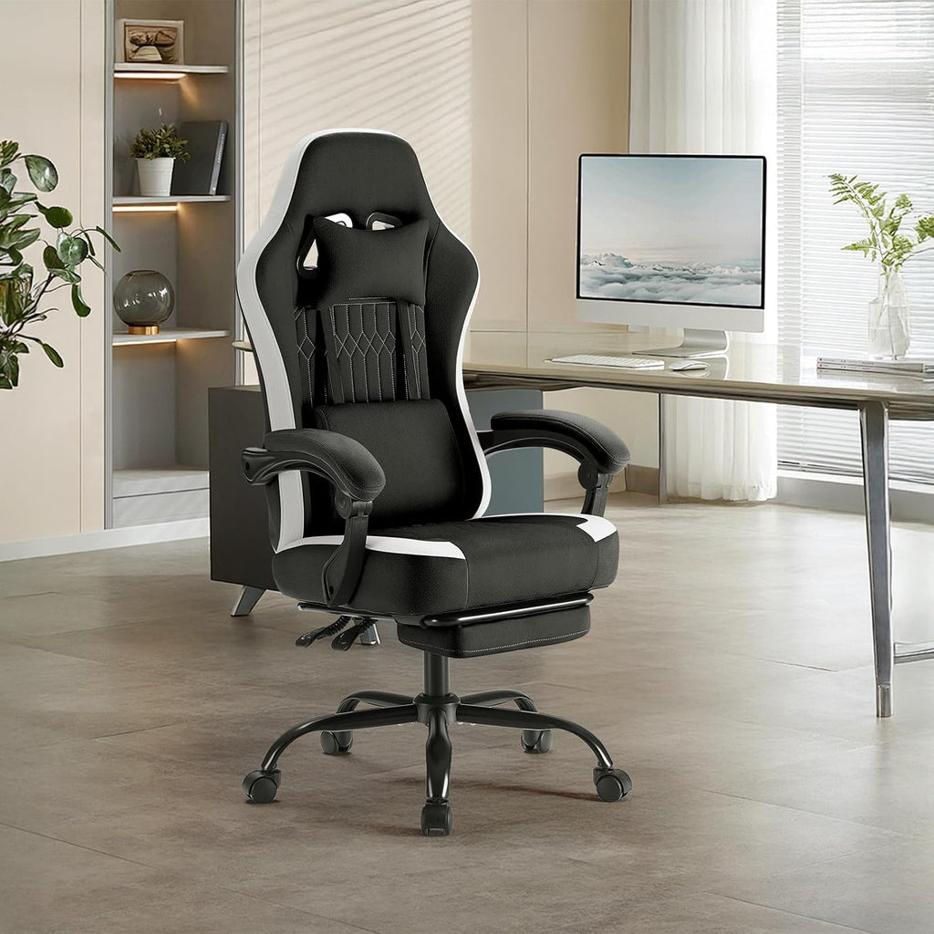 Sweetcrispy Computer Gaming Chair - Ergonomic Desk Chair with Footrest and Lumbar Support, High Back Height Adjustable Task Chair with Linkage Armrests and Headrest, 360° Swivel Wheels, Black