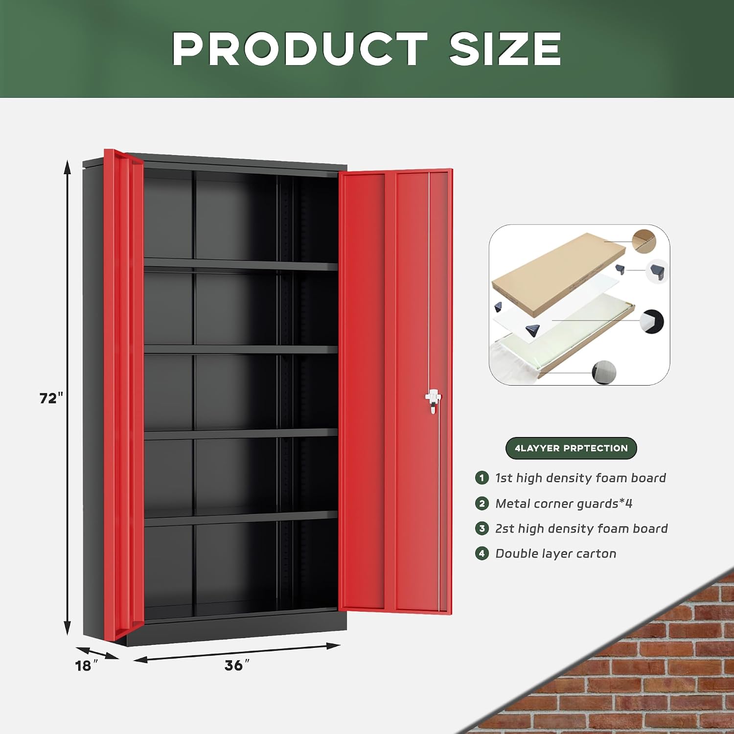 Greenvelly Metal Garage Storage Cabinet, 72' Black Red Tool Steel Locking Cabinet with Doors and 4 Shelves, Tall Cabinets for Garage Storage Systems Lockable File Cabinet for Home Office,Garage