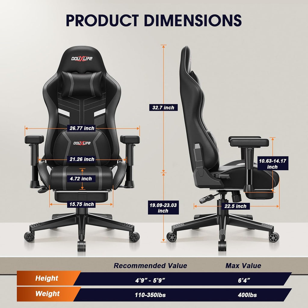 Douxlife 3D Kneading Massage Gaming Chair with Footrest, 400lbs Heavy Duty PC Computer Desk Chair for Adults, Adjustable 2D Armrests, Ergonomic 175° Recline & Optional Heat, Black&Gray
