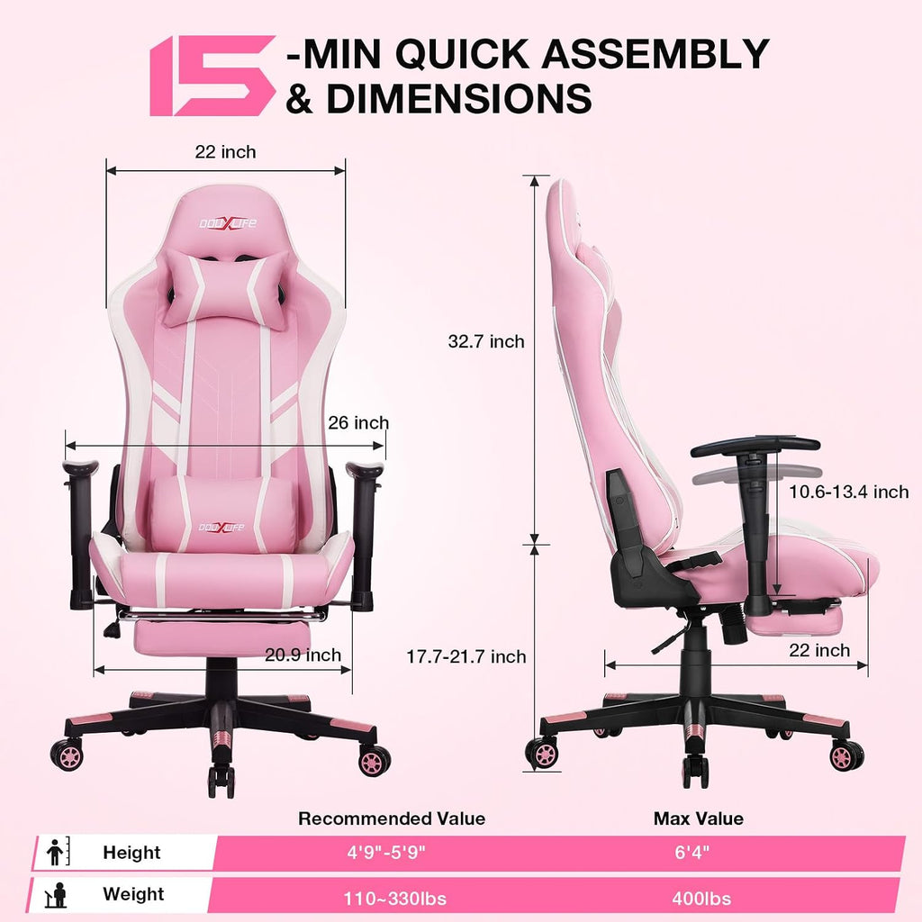 Douxlife 7-Point Massage Gaming Chair with Footrest, 400lbs Heavy Duty Ergonomic Computer Chair, 175° Reclining High Back Racing Seat for Adults with Adjustable Armrests & Lumbar Support, Pink