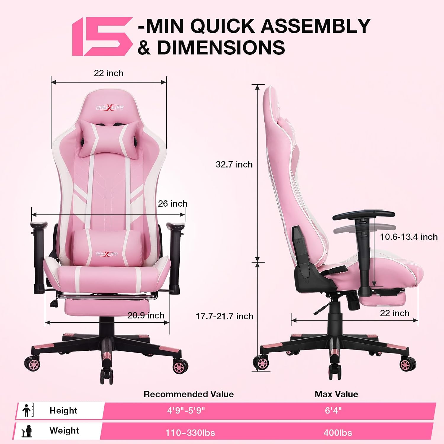Douxlife 7-Point Massage Gaming Chair with Footrest, 400lbs Heavy Duty Ergonomic Computer Chair, 175° Reclining High Back Racing Seat for Adults with Adjustable Armrests & Lumbar Support, Pink
