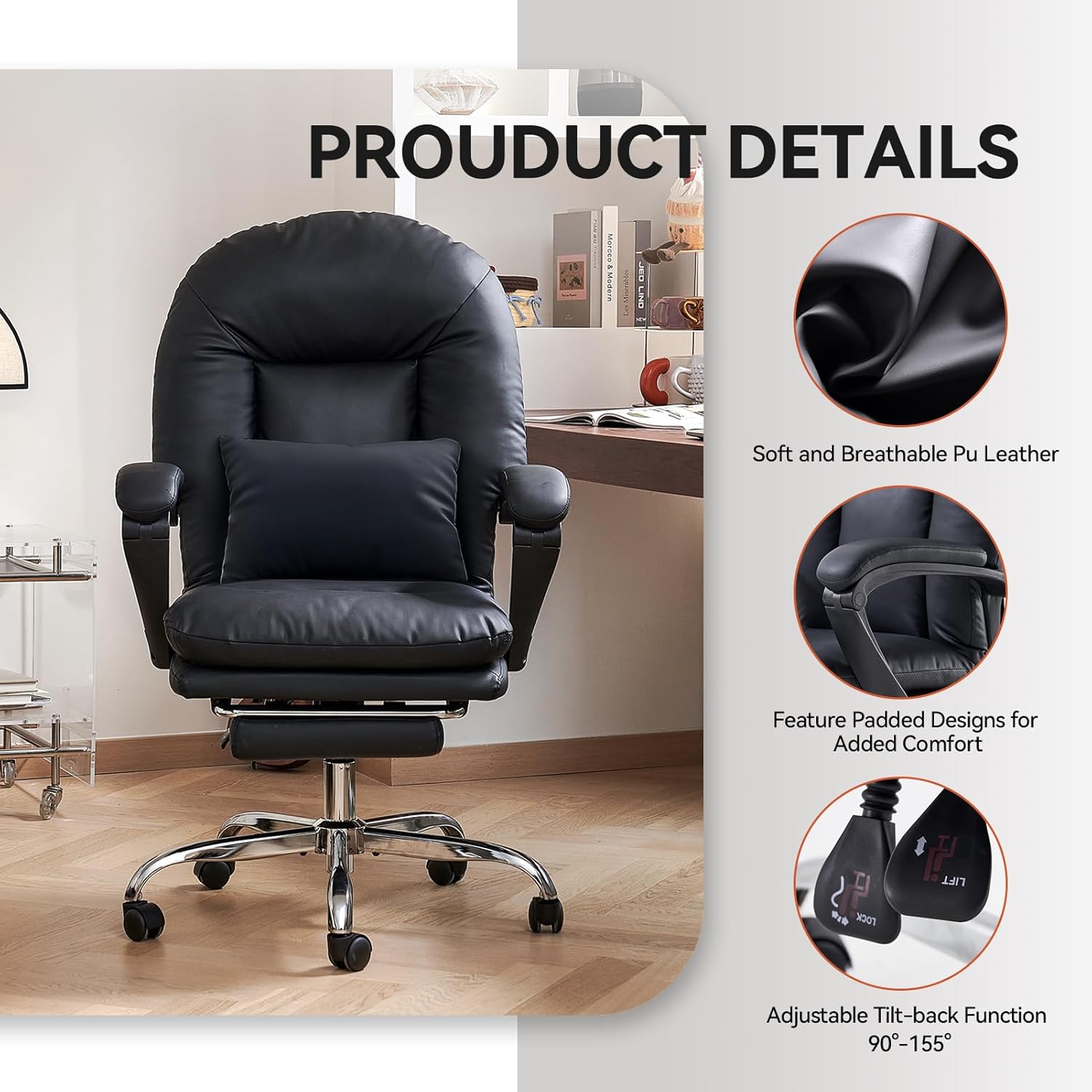 EMIAH Ergonomic Office Chair with Foot Rest Criss Cross Chair with Wheels Reclining Executive Office Chair Mid Back PU Leather Swivel Computer Chairs Lumbar Support for Home Office (Black)