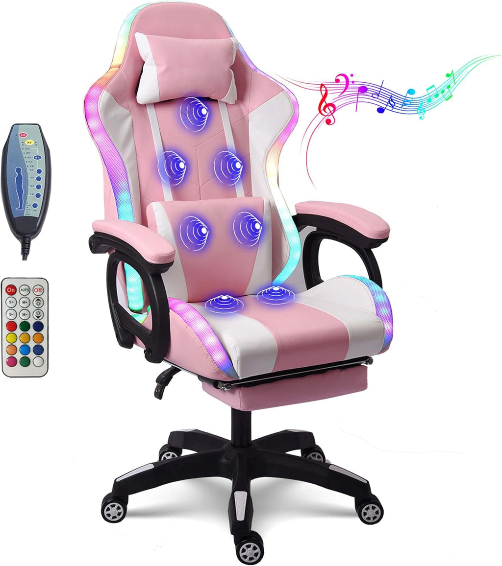 Gaming Chair with RGB LED Light Ergonomic Massaging Computer Gaming Chair, Video Gaming Chair with Footrest, Reclining Gaming Chair with Speakers Office Chair,Pink