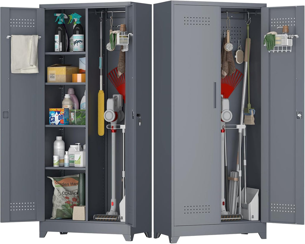 Metal Tool Storage Cabinet, Broom Closet with Hooks, 72.8' Tall Garage Cabinet with Shelves, Heavy-Duty Cleaning Storage for Utility Room, Gym, Office, Garage