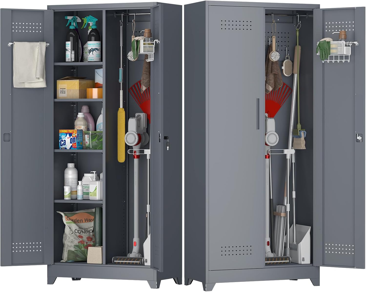 Metal Tool Storage Cabinet, Broom Closet with Hooks, 72.8' Tall Garage Cabinet with Shelves, Heavy-Duty Cleaning Storage for Utility Room, Gym, Office, Garage