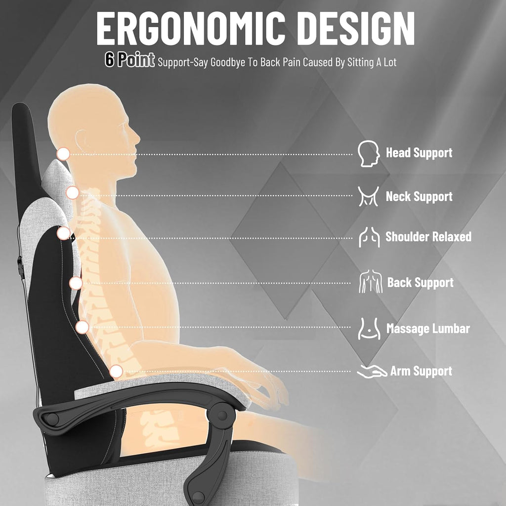 Ferghana Cotton Fabric Gaming Chair with Wider Seat Cushion, Shield-Shaped Embroidery Ergonomic High Back Game Chair with Footrest, Computer Chair with Massage Lumbar Support for Adult, Black/White