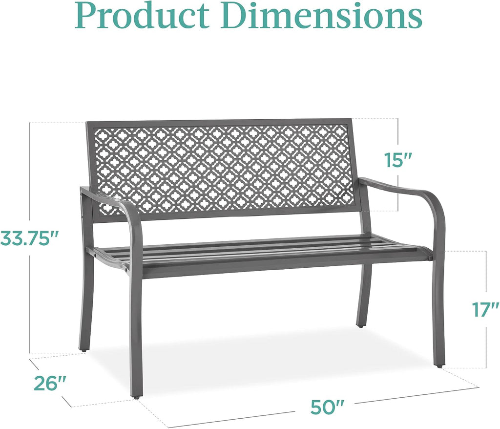 Best Choice Products Outdoor Bench 2-Person Metal Steel Benches Furniture for Garden, Patio, Porch, Entryway w/Geometric Backrest, 790lb Capacity – Gray