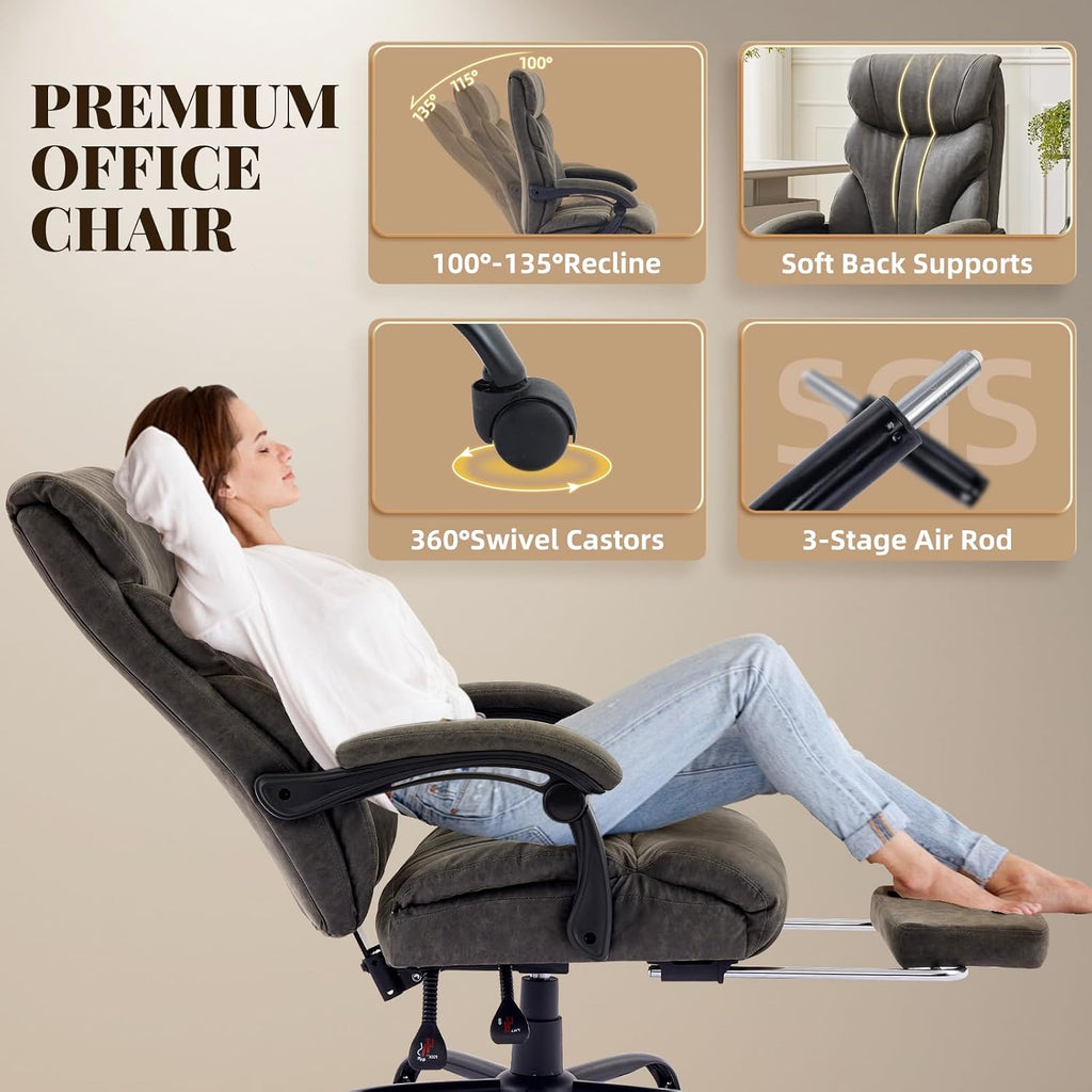 Big and Tall Office Chairs with Foot Rest,500LBS Wide Ergonomic Gaming Chair,100-135°Recline Executive Leather Computer Chairs with Adjustable Height,Gray