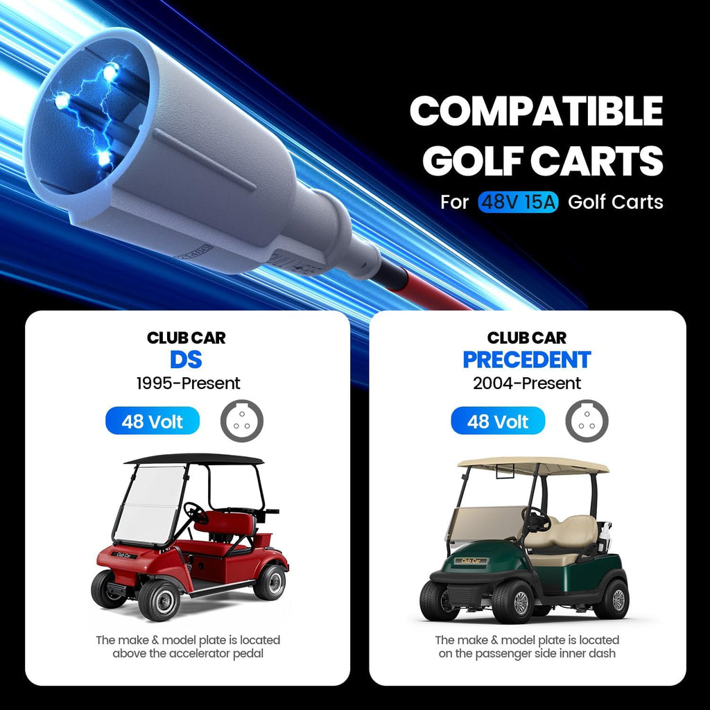 48 Volt 15 Amp Golf Cart Charger for Club Car Precedent & DS Series with 3-Pin Round Plug Only for Lead Acid Battery