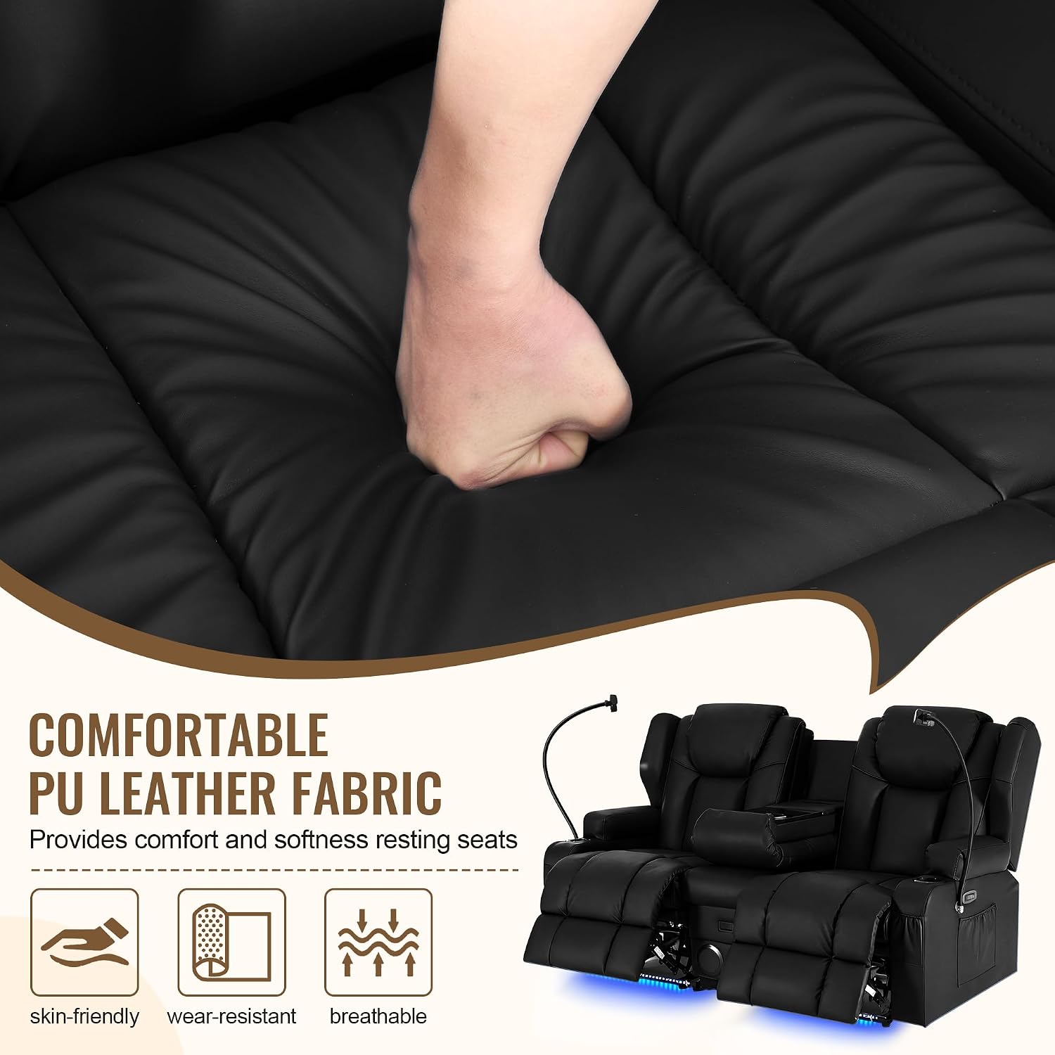 Power Recliner Loveseat for Living Room, Loveseat Sofa with Center Console, USB Type-C Port, Leather Chair with Massage and Heat, Speaker Oversized Recliner Chair for Home Theater (Black)