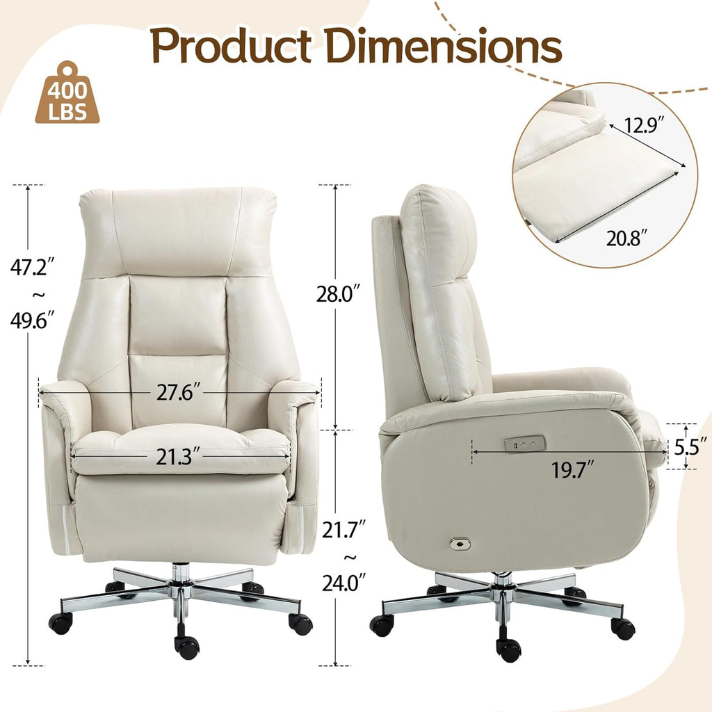 ECOTOUGE Electric Office Chair with USB Charging, Recliner Executive Office Chair with Footrest, Big and Tall High-Back Computer Chair, 400LBS Weight Capacity, Microfiber, Beige