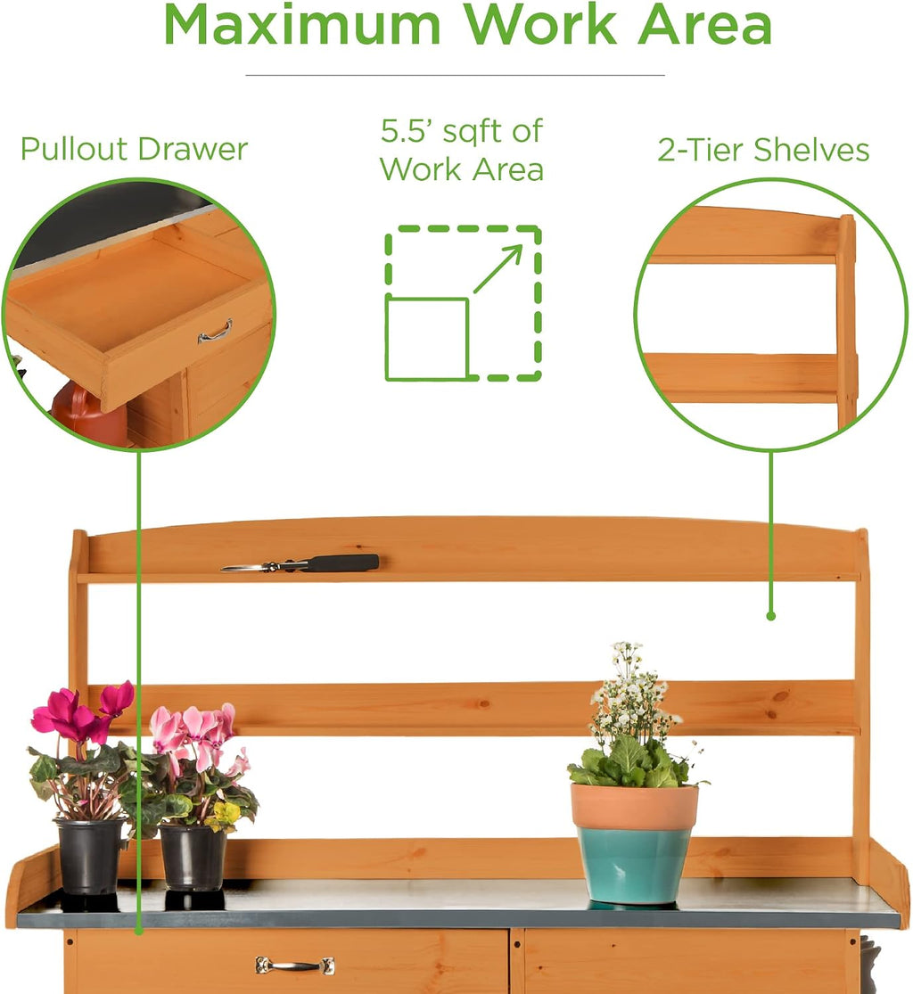 Best Choice Products Outdoor Garden Wooden Potting Bench Work Station w/Metal Table Top, Pre-Stained Finish, Cabinet, Sliding Drawer, Large Bottom Shelf - Brown