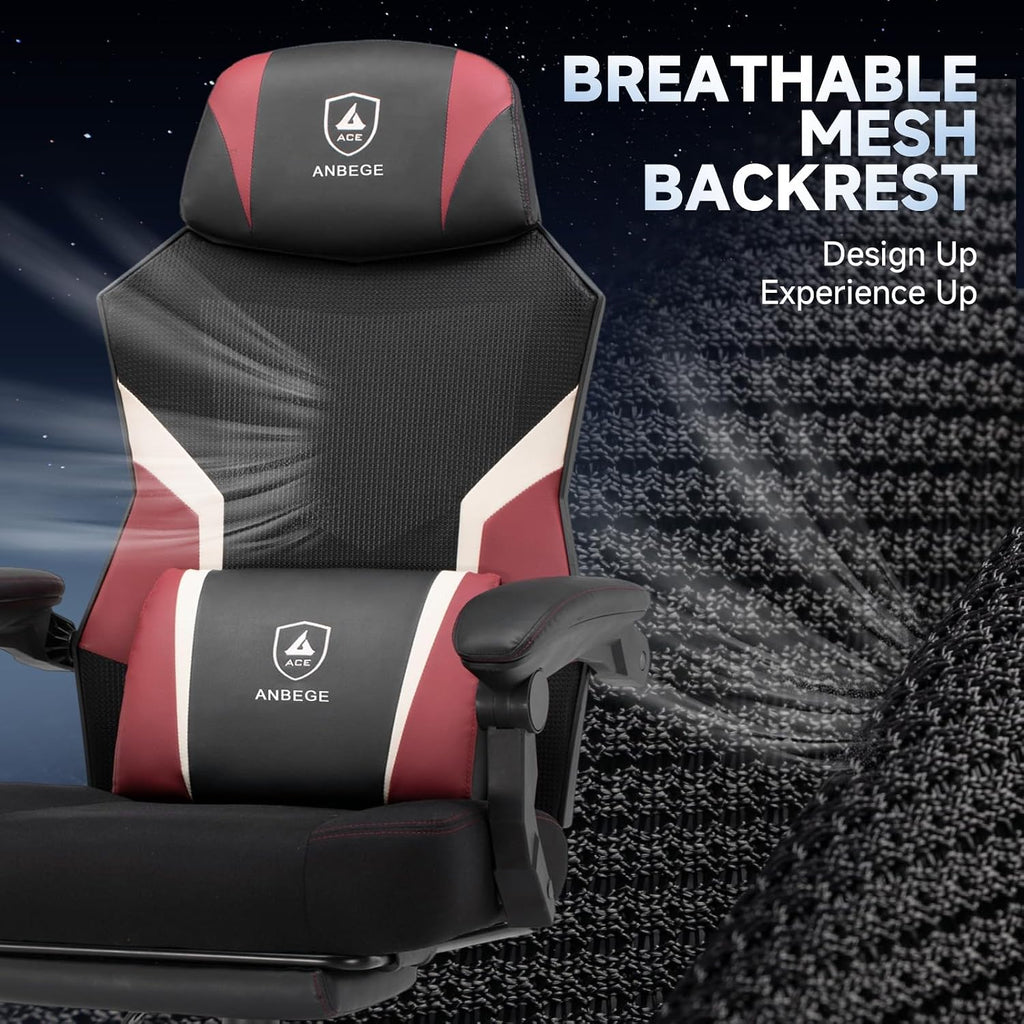 Ergonomic Mesh Video Gaming Chair with Footrest, Height Adjustable Computer Chair with Lumbar Support, High-Back Breathable Reclining Swivel Chair for Adults Home Office & Work (Red)