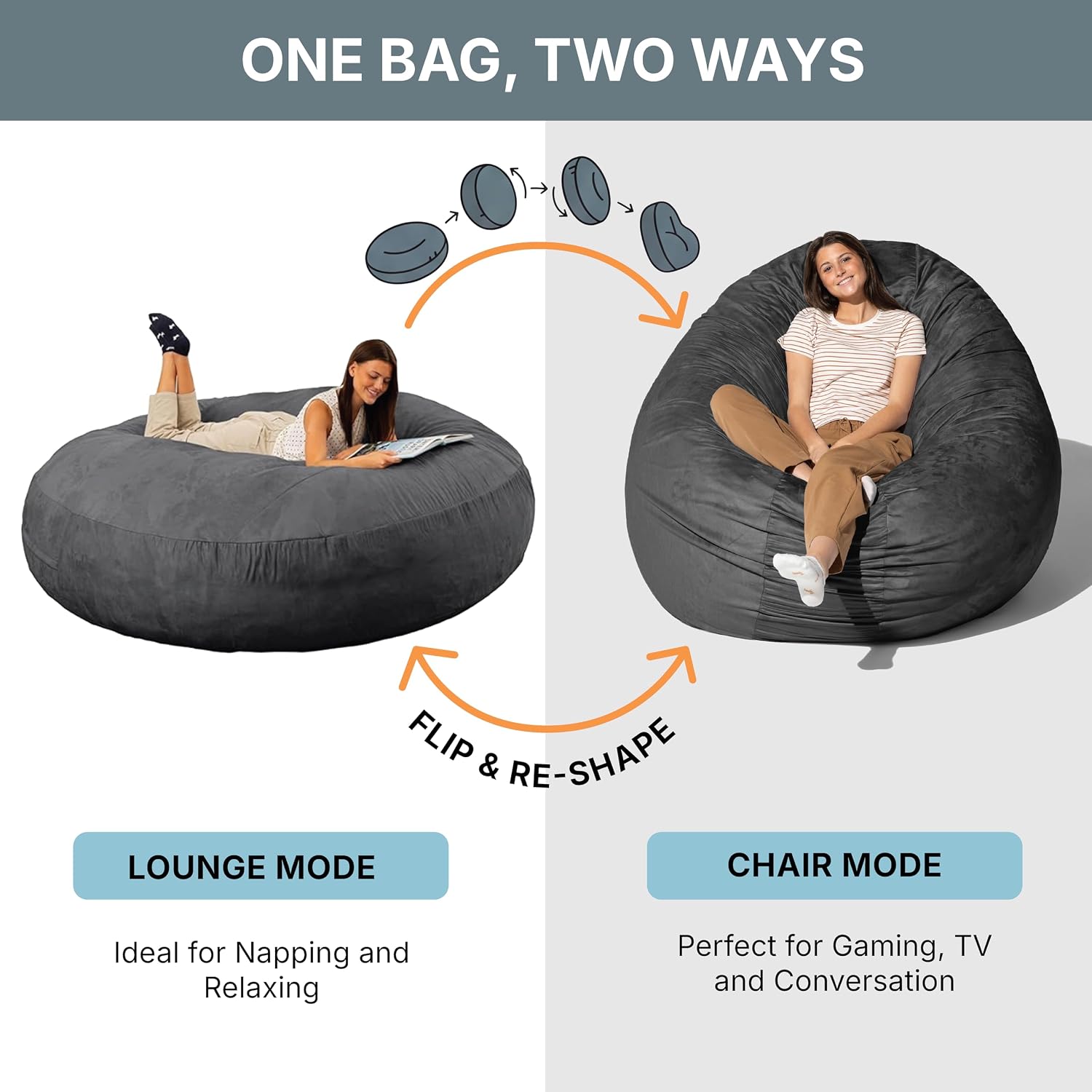 Jaxx 6 Foot Cocoon - 2-in-1 Convertible Bean Bag Bed & Large Bean Bag Chair for Adults, Black