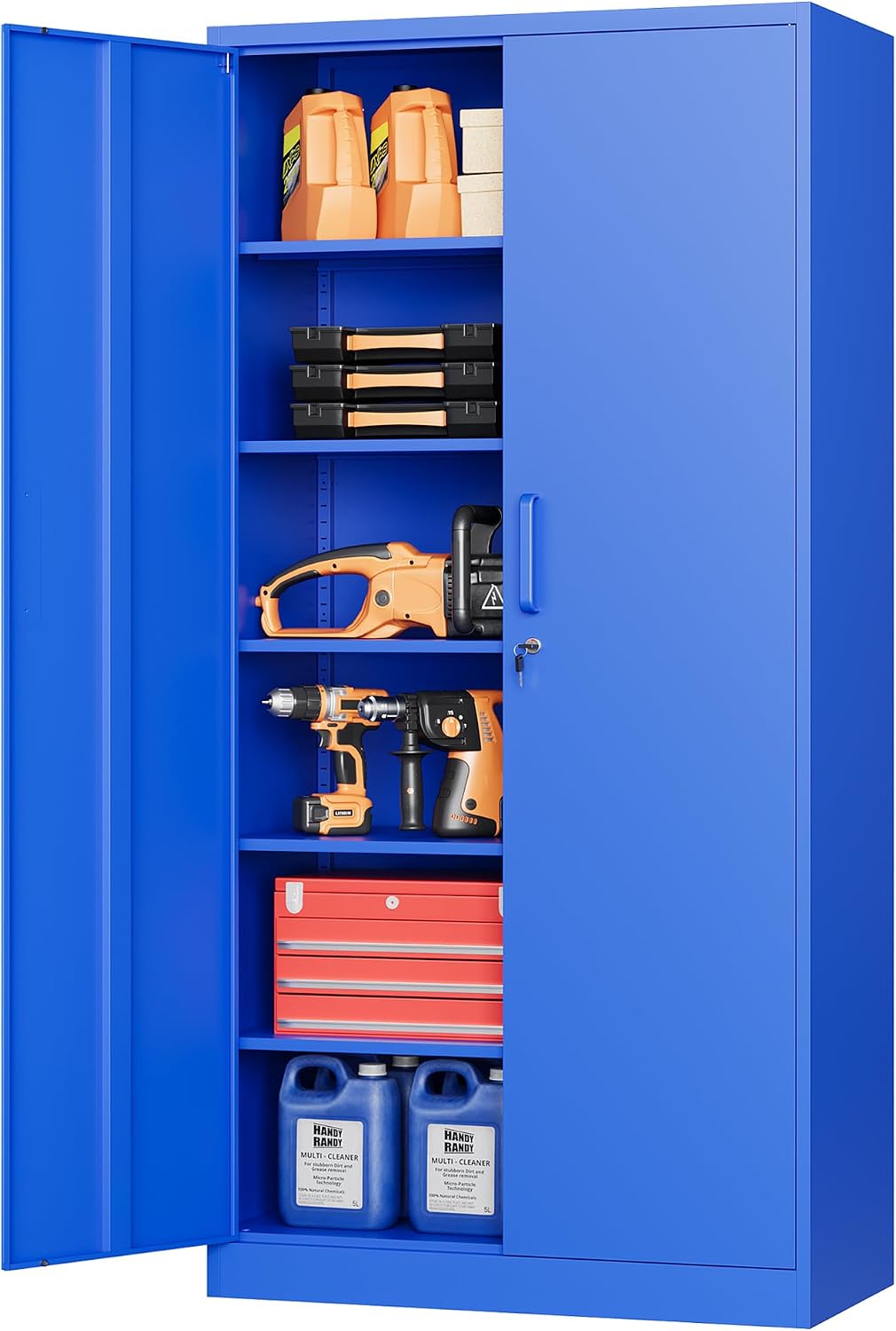 STANI Metal Garage Storage Cabinet with Lock, 71' Steel Lockable File Cabinet, Locking Steel Storage Cabinet with 5 Adjustable Shelves for Home, Office, Garage, Warehouse (Blue, 2 Door - 71' H)